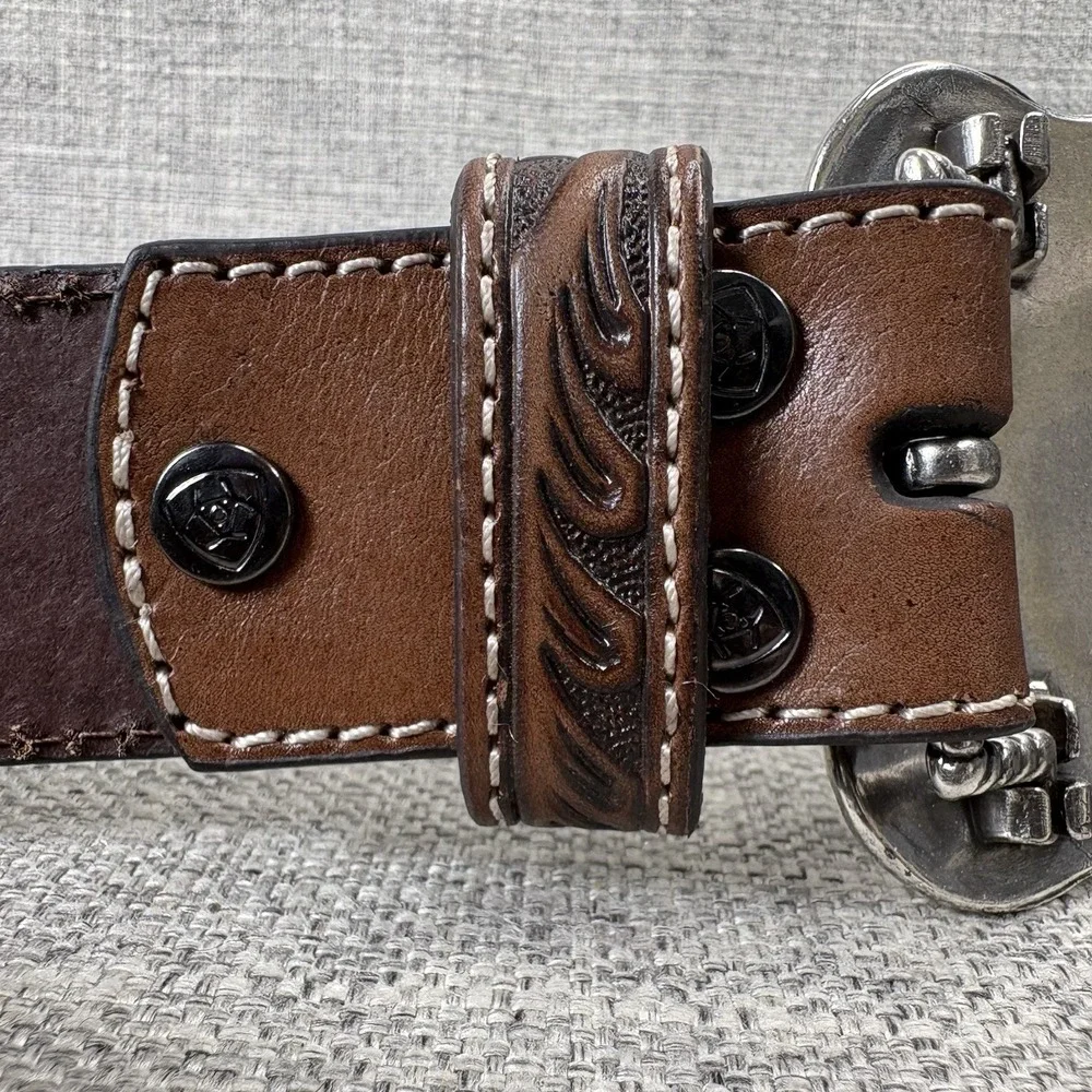 Ariat Mens Brown Floral Tooled Genuine Leather Belt Silver Trophy Buckle NWT